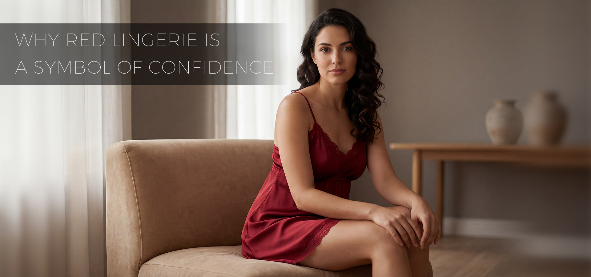 A woman wearing red lingerie sat on the sofa, elegant and beautiful.