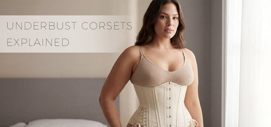 model wearing a structured underbust corset demonstrating support and modern comfort