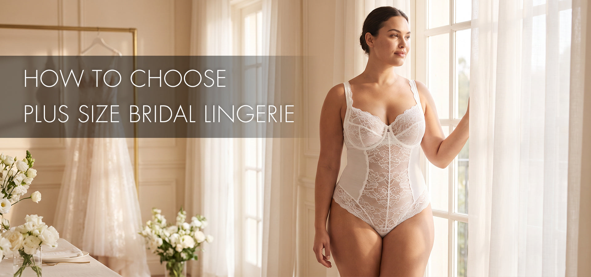 Plus size bride wearing elegant white lace bridal lingerie with supportive construction while preparing for her wedding day