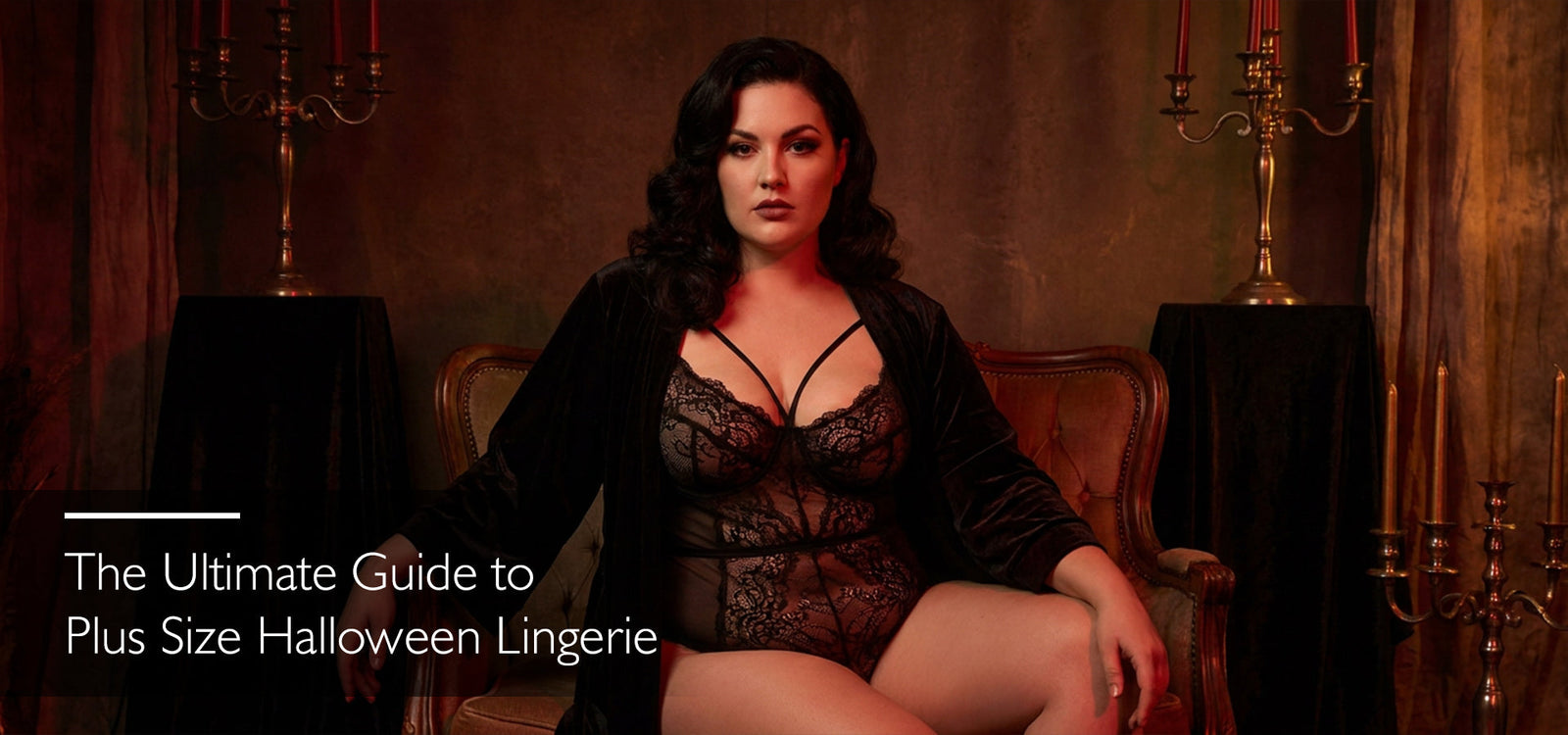 Plus size model wearing dramatic black lace Halloween lingerie with dark red satin lighting