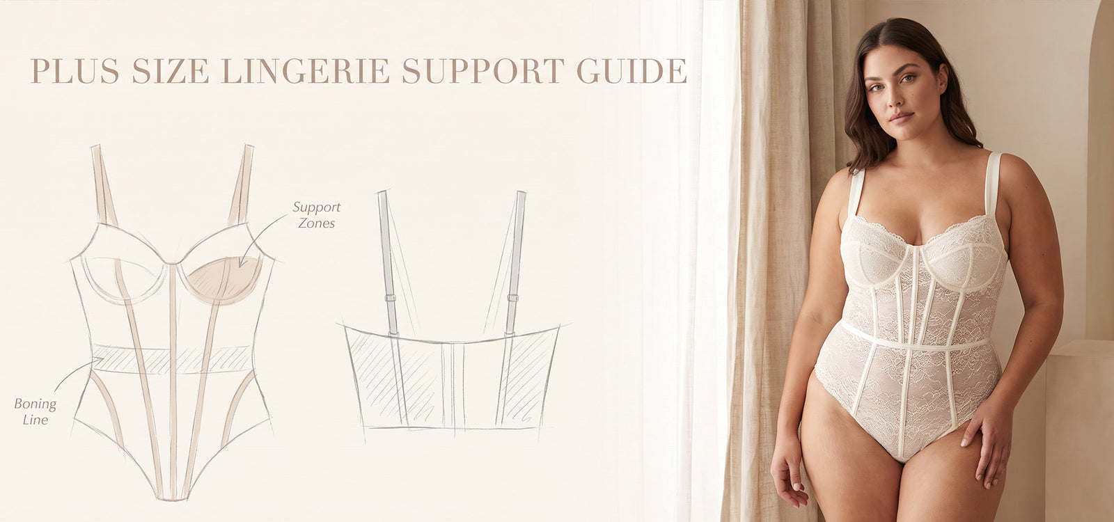Plus size woman wearing supportive lace lingerie with structured boning, comfortable wide straps, and elegant design details