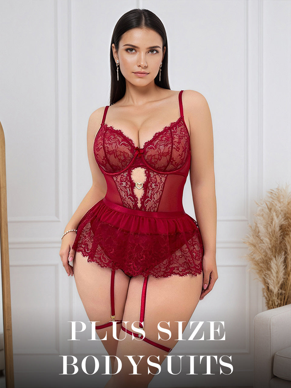 High-stretch plus size lace bodysuit on a curvy model – Sensa Lingerie