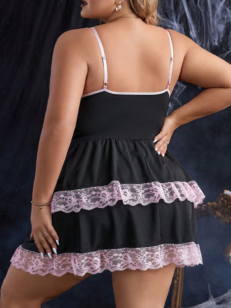 Plus Size Lace Up Bow Tiered Chemise Set