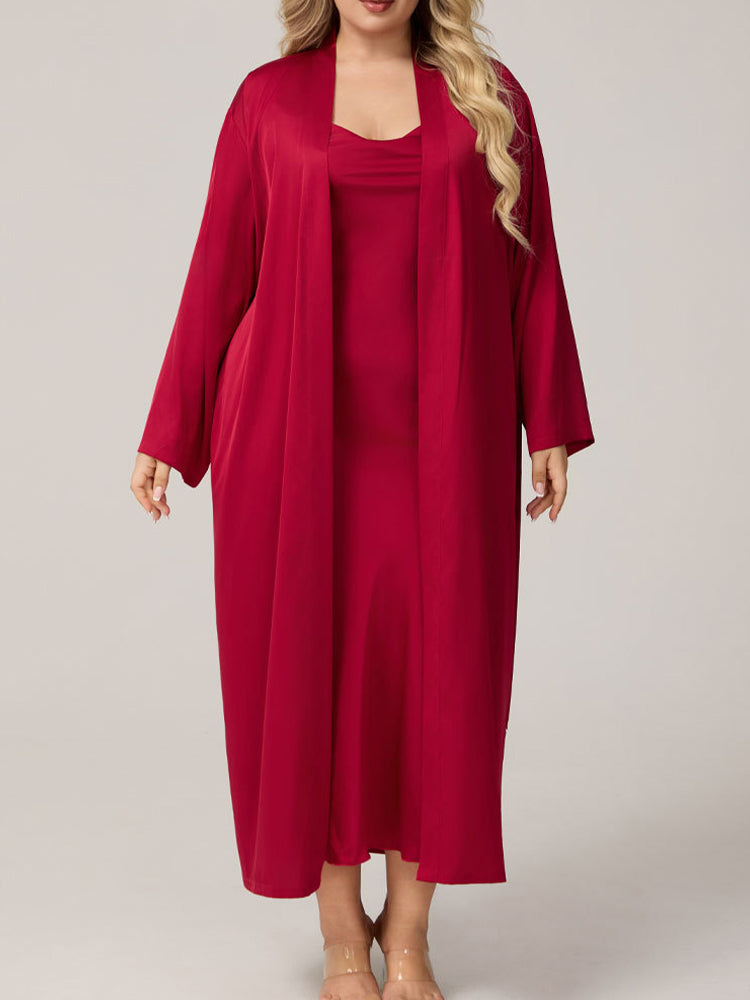 Plus Size Satin Cowl Neck Robe Dress Set