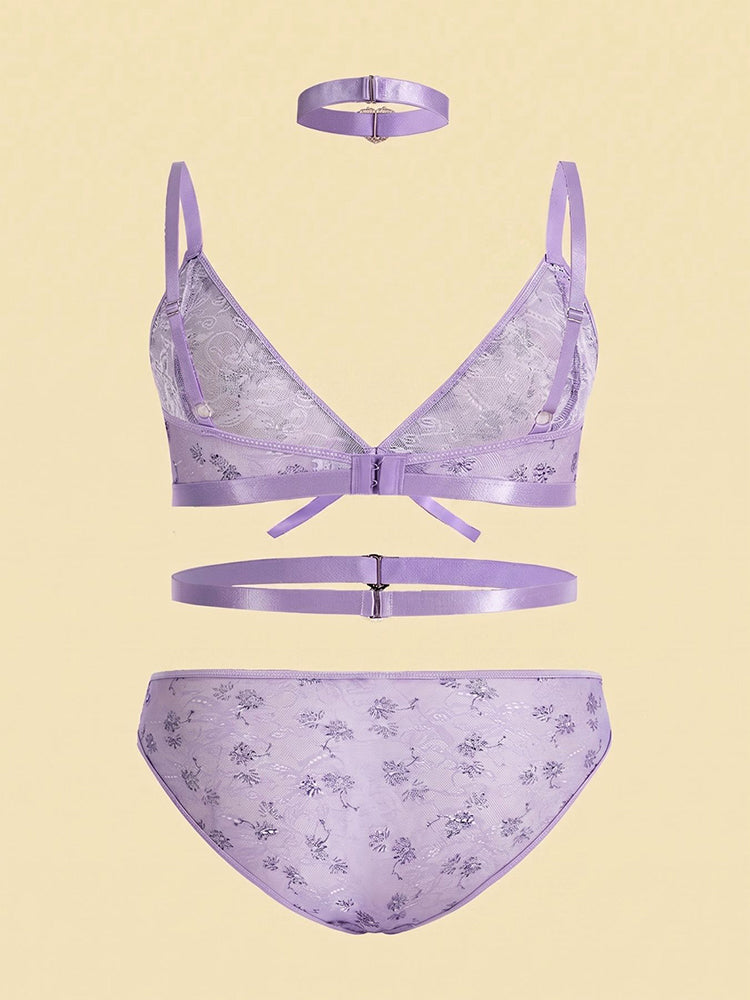 Plus Size Purple Floral Lace Bralette Set with Heart Choker