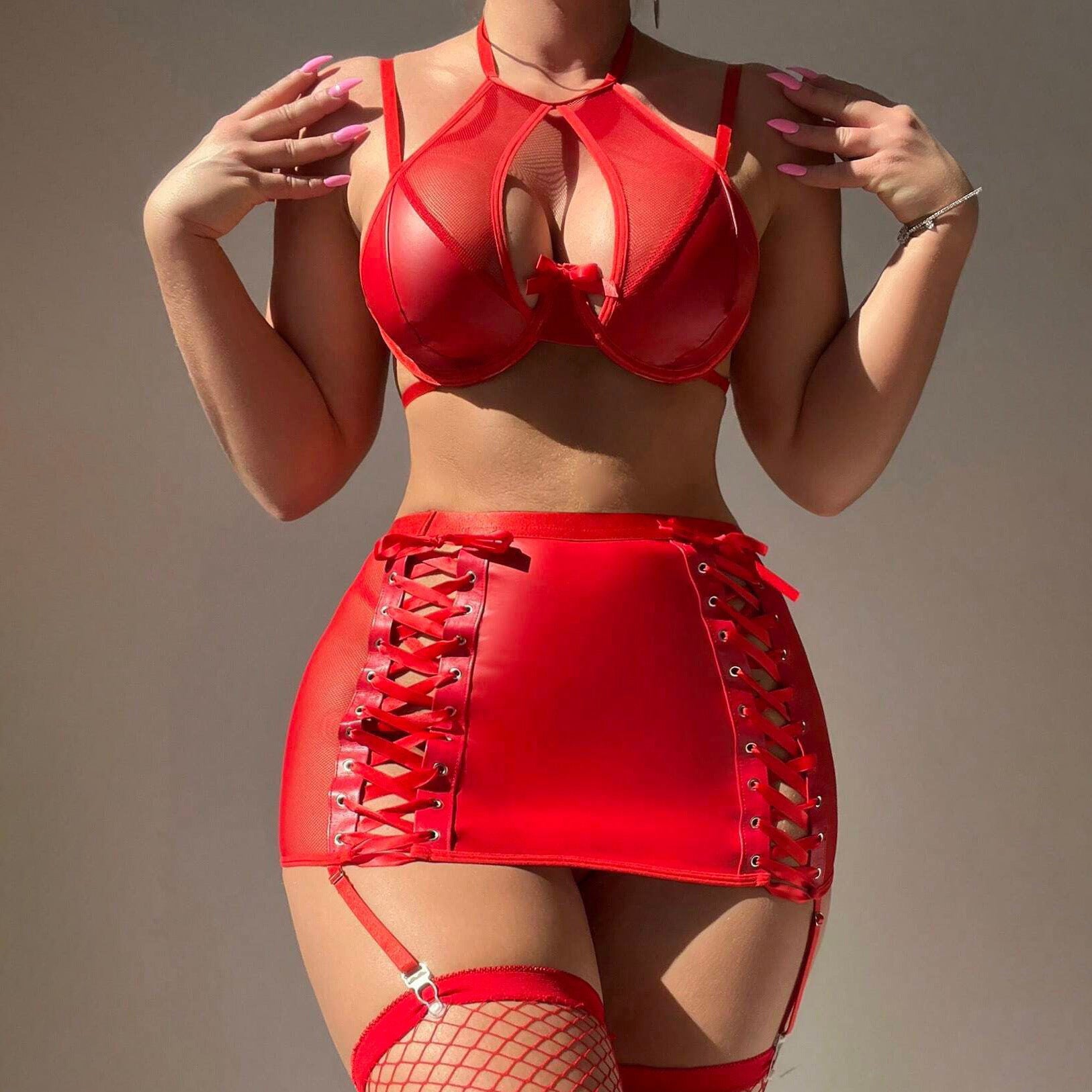 sexy faux leather lingerie 4-piece set sheer bustier garter skirt thong