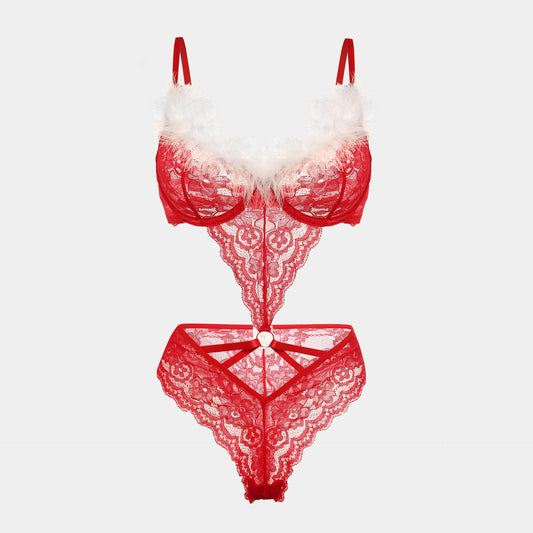 Sexy Christmas Lace Teddy – Red Santa Cosplay Lingerie with Fuzzy Trim