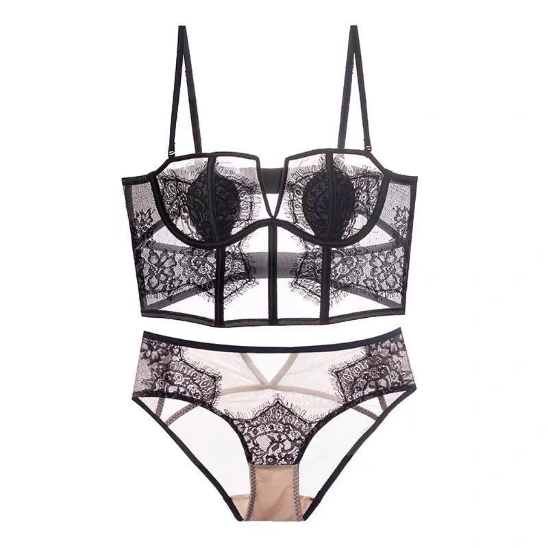 french eyelash lace corset bra soft underwire push-up bra set