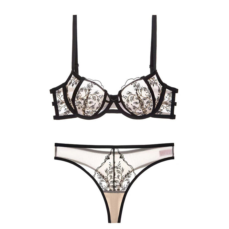 French Embroidered Lace Bra Set – Plus Size Sheer Underwire Lingerie for Full Bust