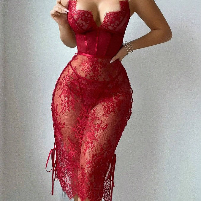 red lace cut out plunge bodycon lingerie dress sexy seductive