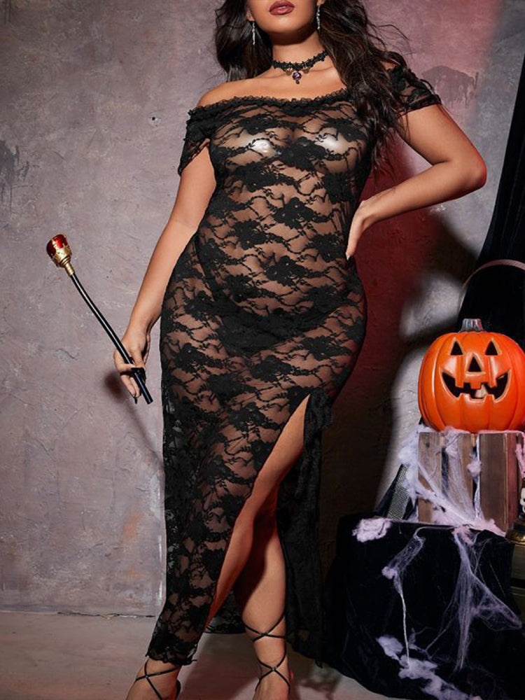 Plus Size Halloween Lace High Slit Dress