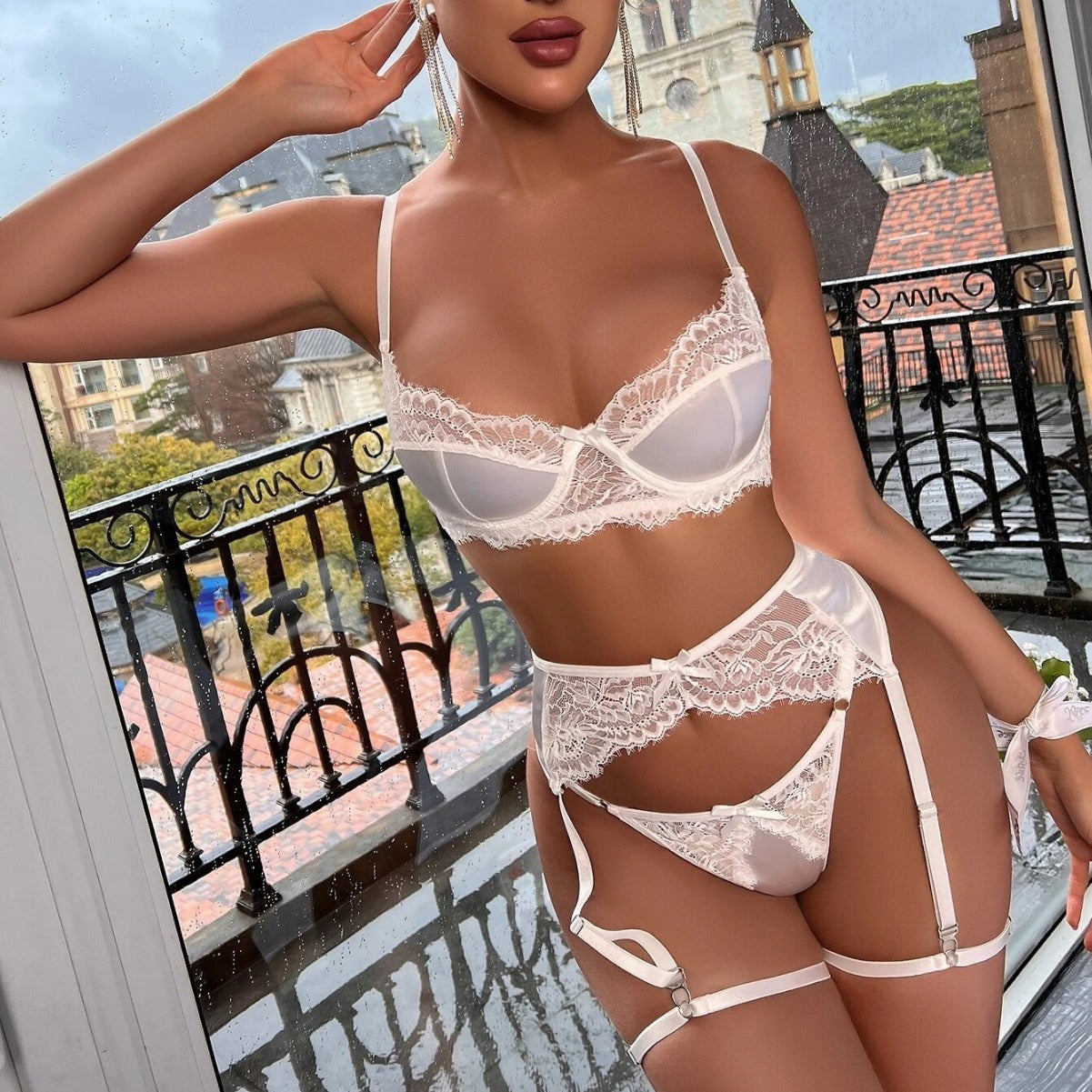 White Sheer Lace Cut-Out Bra Set – Sexy 4-Piece with Garter & Anklet