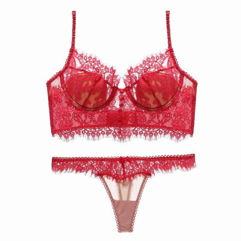 Breathable Push-Up Lace Bra Set – U-Back with Soft Cotton Padding & Eyelash Lace
