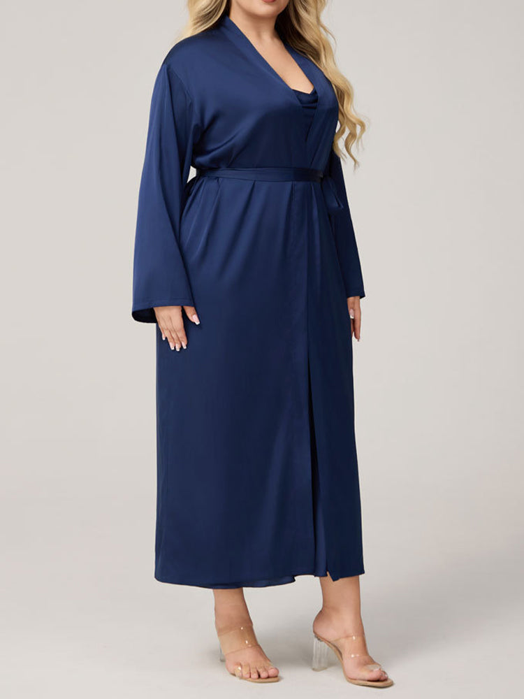 Plus Size Satin Cowl Neck Robe Dress Set