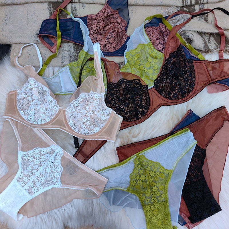 New French Retro Colorblock Ultra-Thin Lace Bra Set – Breathable & Push-Up Support