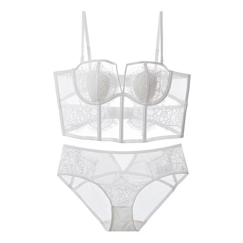 French Eyelash Lace Corset Bra Set – Thin Soft Underwire with Push-Up & Beautiful Back
