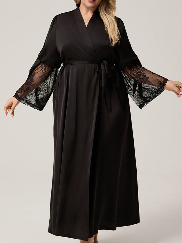 Plus Size Satin Lace Back Long Robe