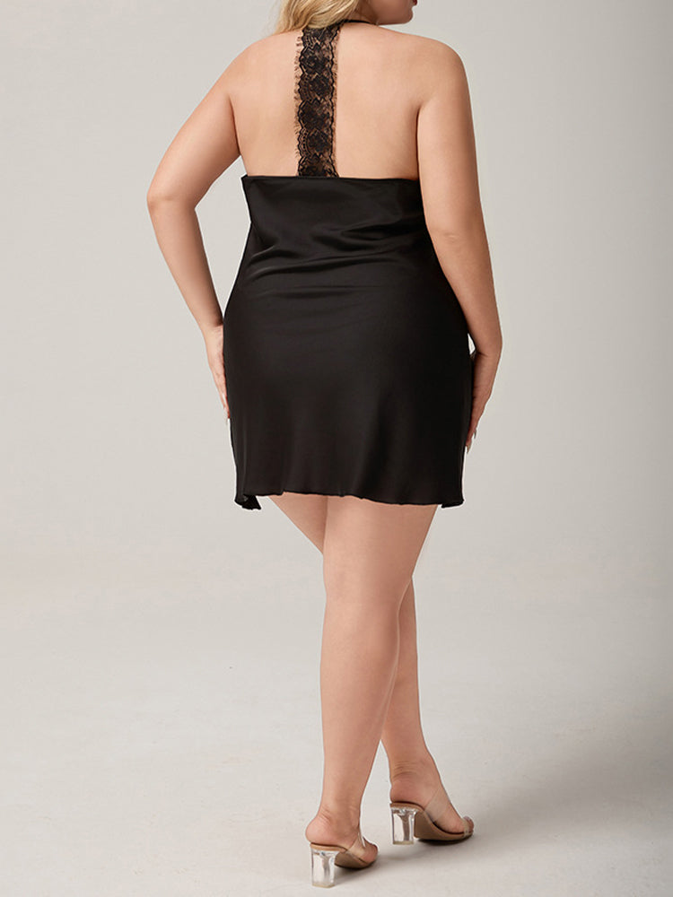 Plus Size Lace V Neck Satin Chemise Dress