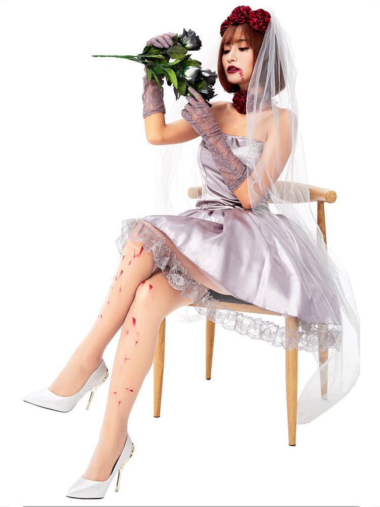 Silver Gray Rose Bride Halloween Costume Set