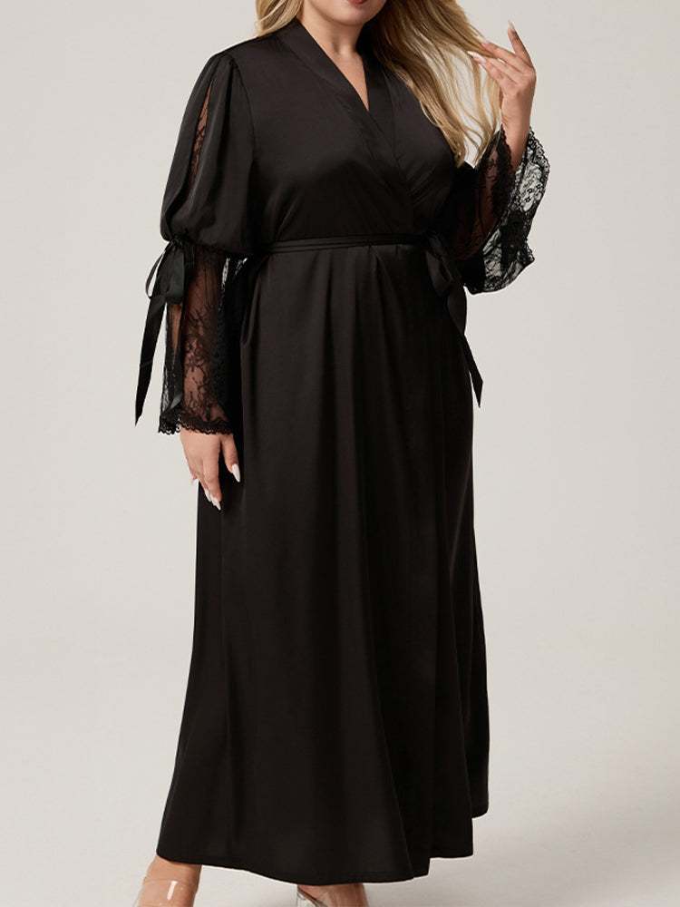 Plus Size Satin Lace Back Long Robe
