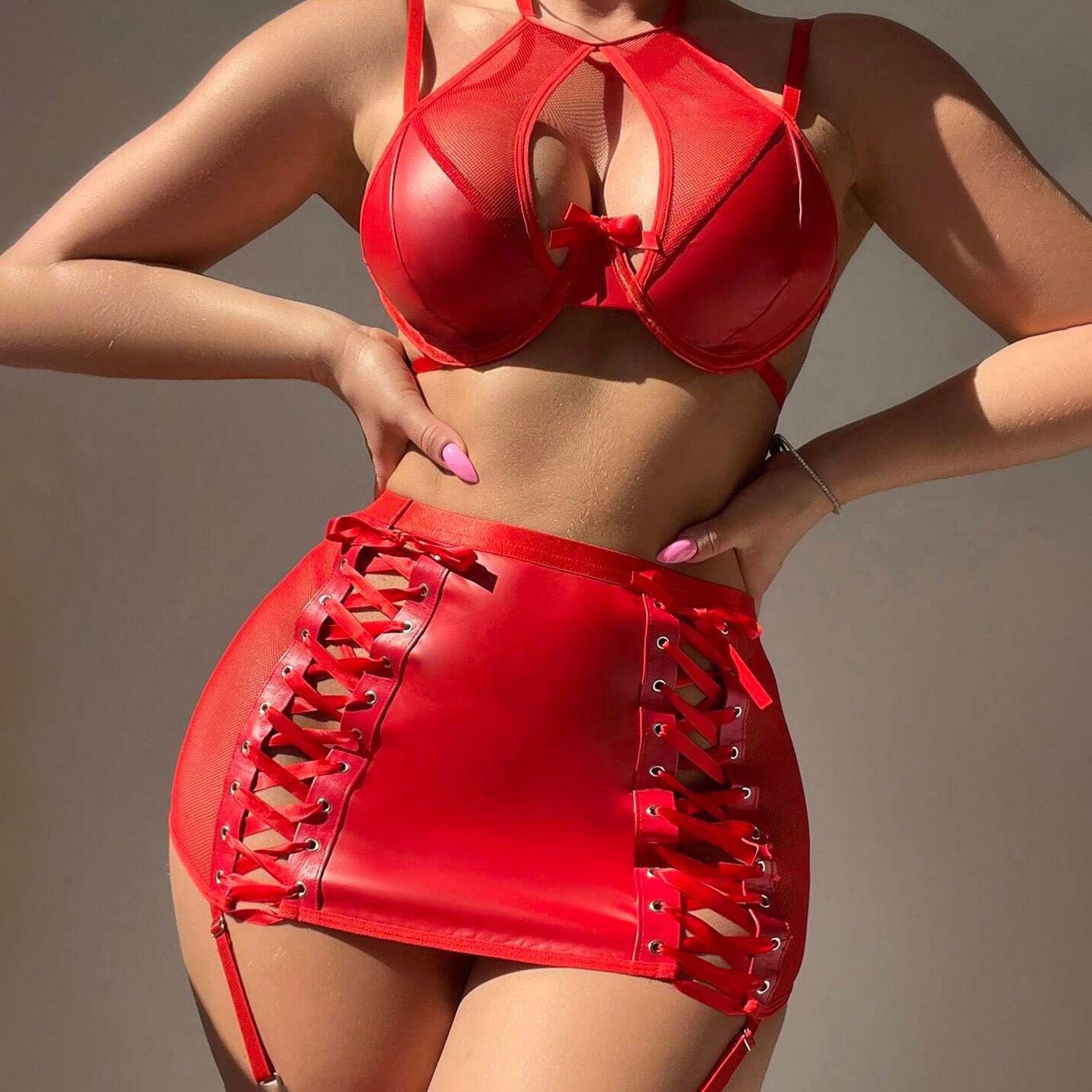 Sexy Faux Leather Lingerie 4-Piece Set – Sheer Bustier, Garter Skirt & Thong