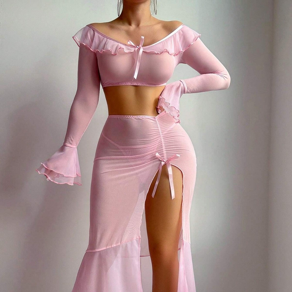 Sheer Mesh High-Slit Gown Lingerie Set – Sexy Costume-Inspired Nightwear