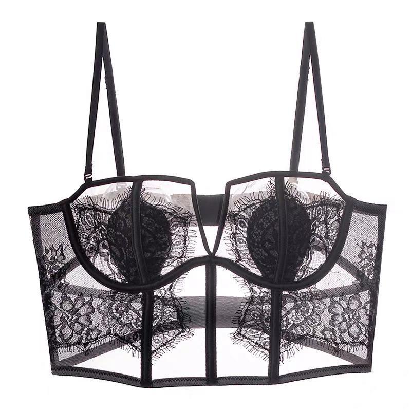 French Eyelash Lace Corset Bra Set – Thin Soft Underwire with Push-Up & Beautiful Back