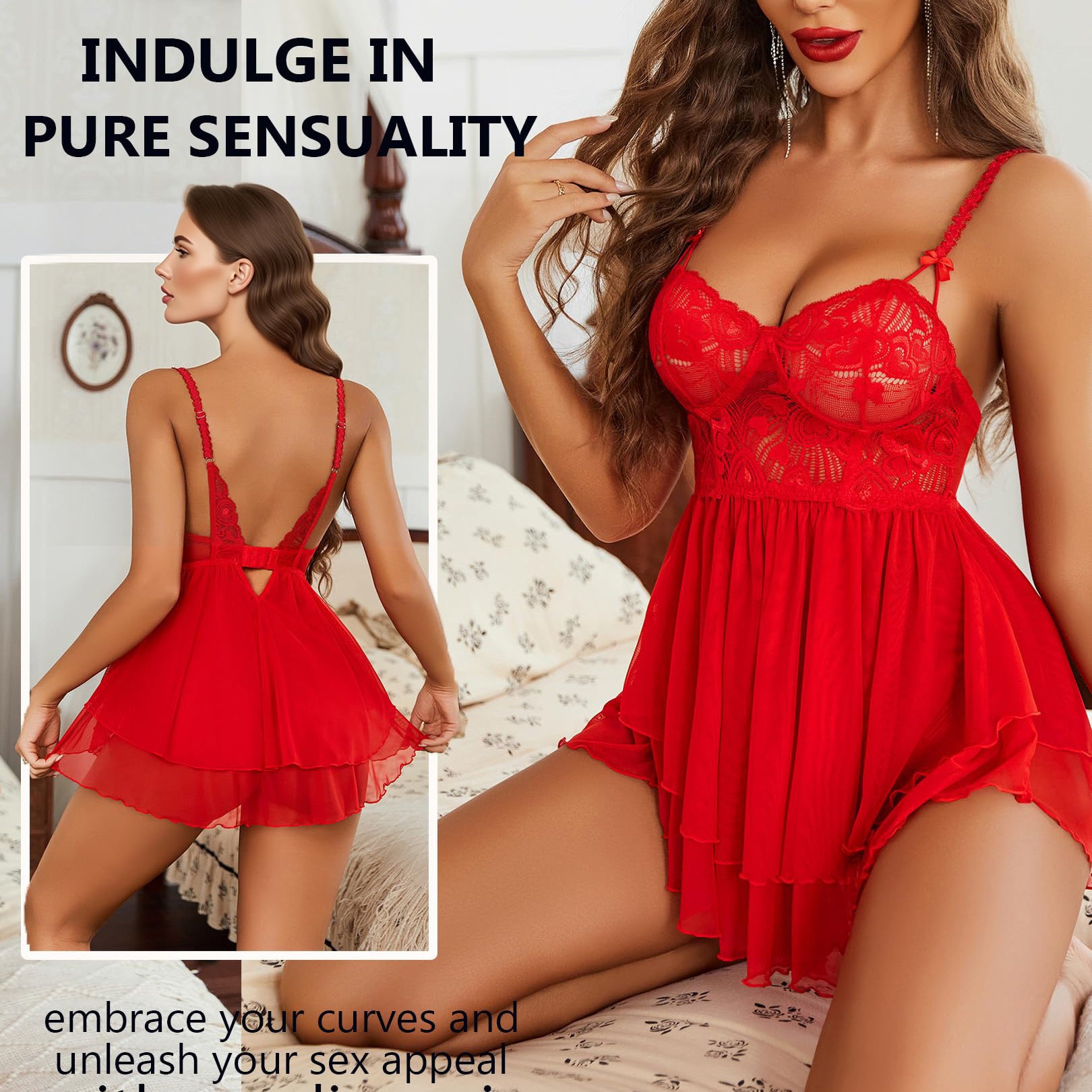 plus size sexy red sheer lace mesh cami nightdress thong