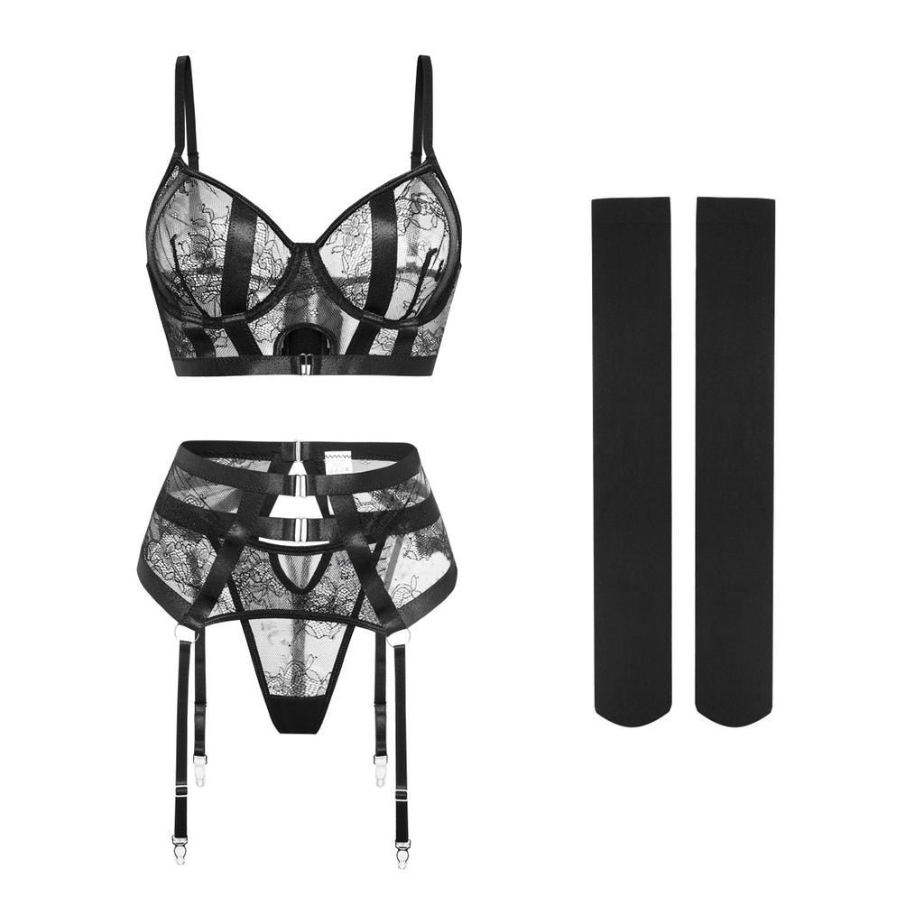 Sexy Lace 4-Piece Lingerie Set – Ultra-Thin Underwire Bra with Garter & Stockings