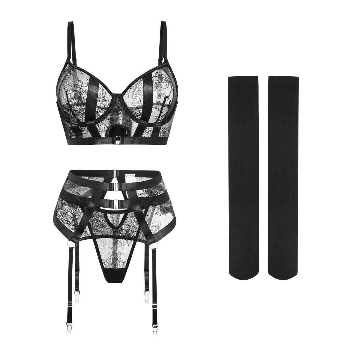 Sexy Lace 4-Piece Lingerie Set – Ultra-Thin Underwire Bra with Garter & Stockings