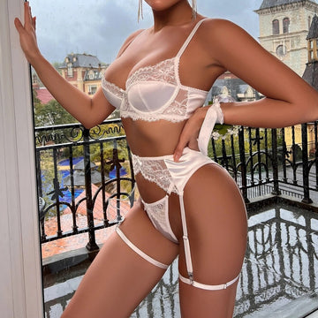 【Buy 1 Get 1 Free】White Sheer Lace Cut-Out Bra Set