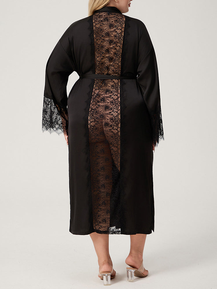 Plus Size Vertical Lace Back Satin Robe