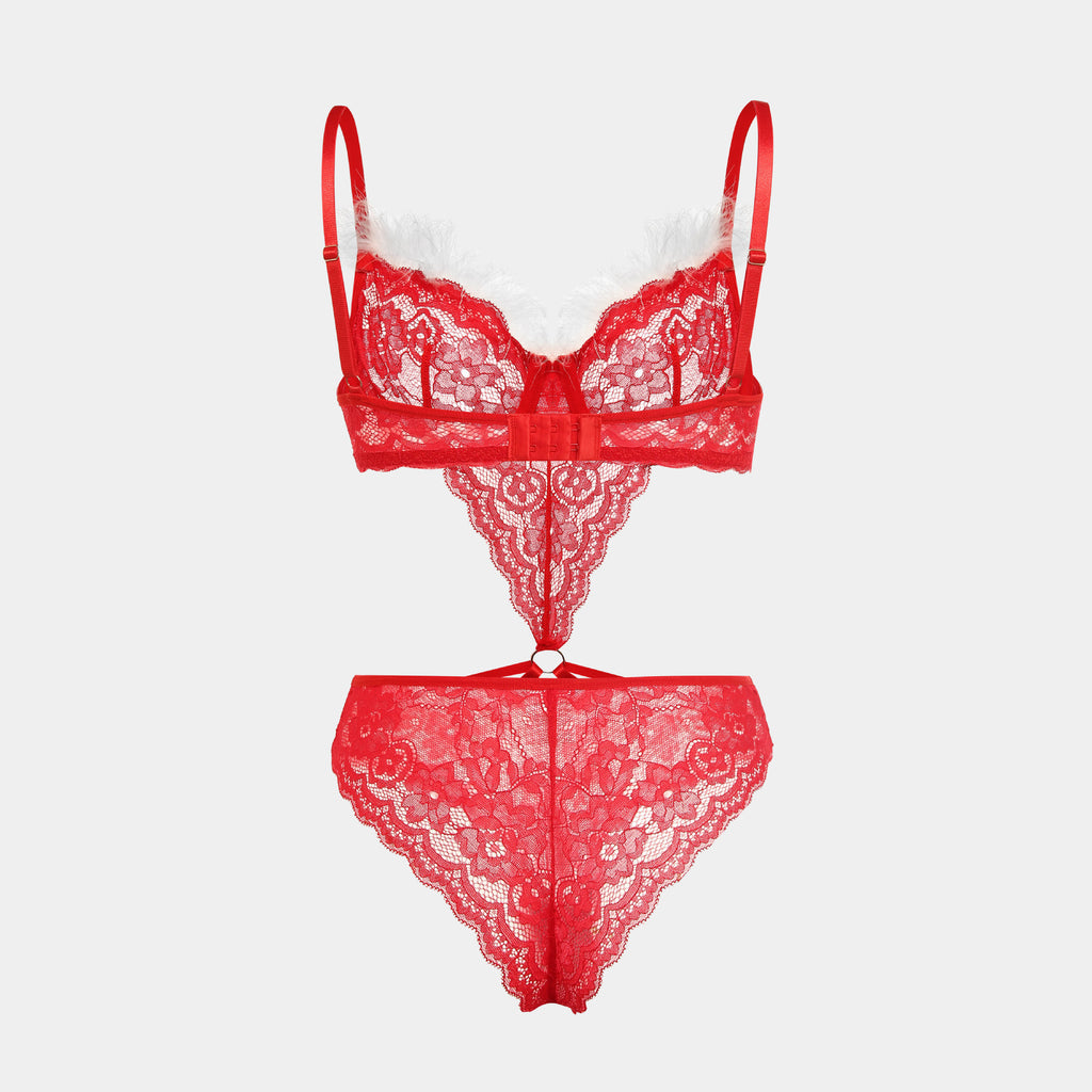 Sexy Christmas Lace Teddy – Red Santa Cosplay Lingerie with Fuzzy Trim