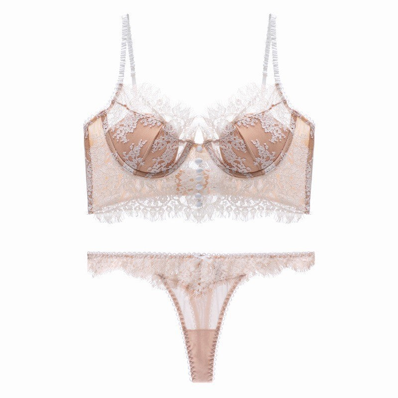 Breathable Push-Up Lace Bra Set – U-Back with Soft Cotton Padding & Eyelash Lace