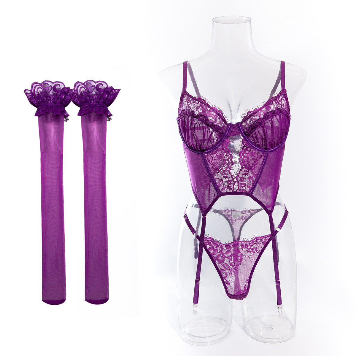 New Boned Strappy Mesh Lace Open-Front Camisole Bra Top with Stockings – Sexy Lingerie