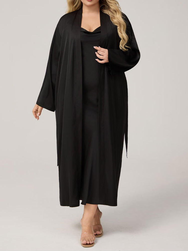 Plus Size Satin Cowl Neck Robe Dress Set