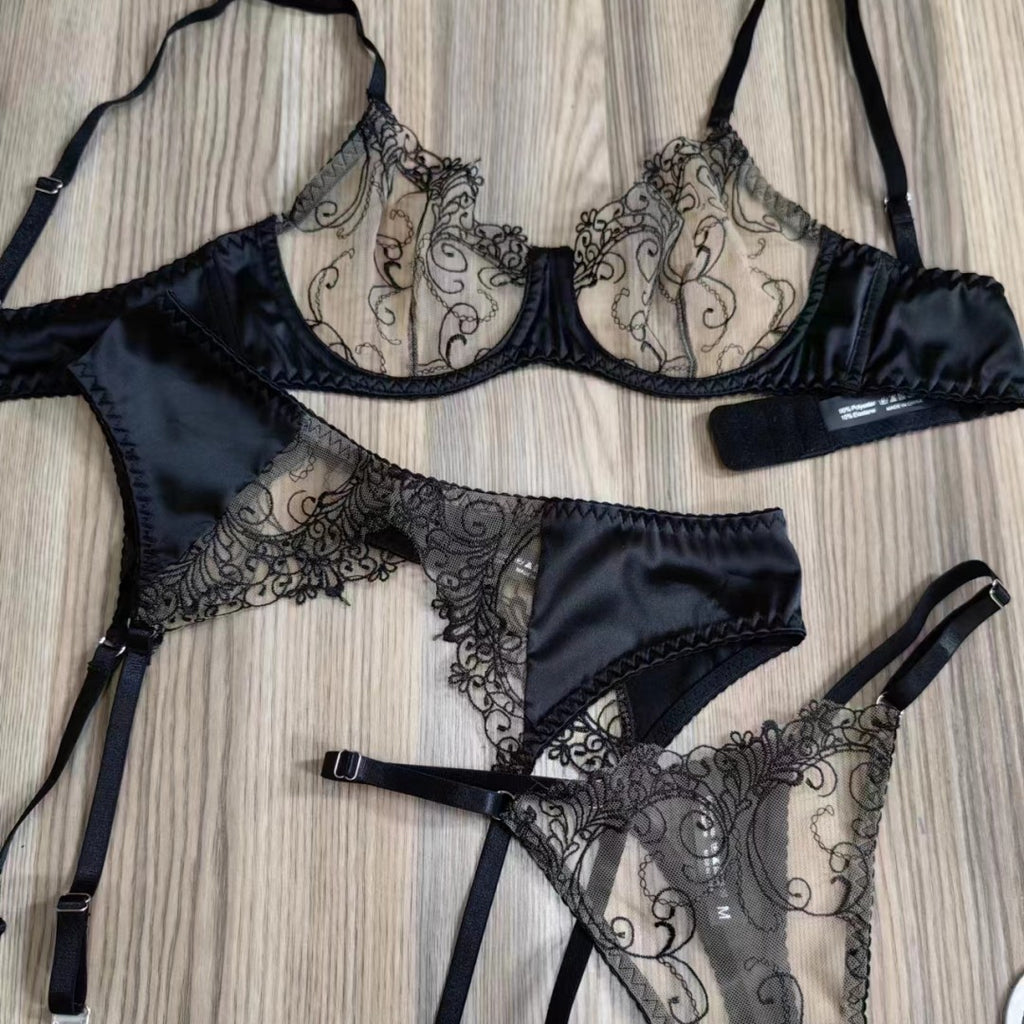 French Sexy Lace Bra Set with Garter – Ultra-Thin Sheer Design for Full Bust Support