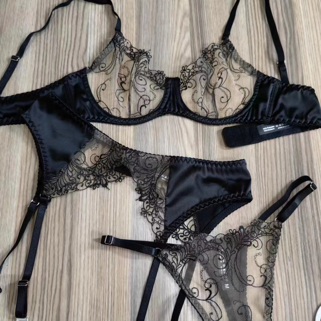 French Sexy Lace Bra Set with Garter – Ultra-Thin Sheer Design for Full Bust Support
