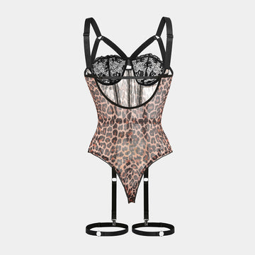 【Buy 1 Get 1 Free】New Leopard Lace Mesh Strappy Bodysuit