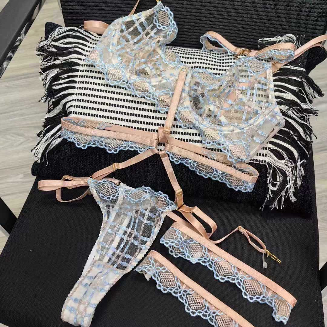 5-Piece French Mesh Plaid Lingerie Set – Sheer Bra & Thong for Full Bust