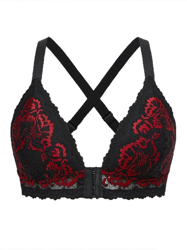 Plus Size Dark Red Lace Front Closure Bralette