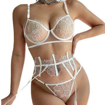 Sheer Embroidered Lace Lingerie Set