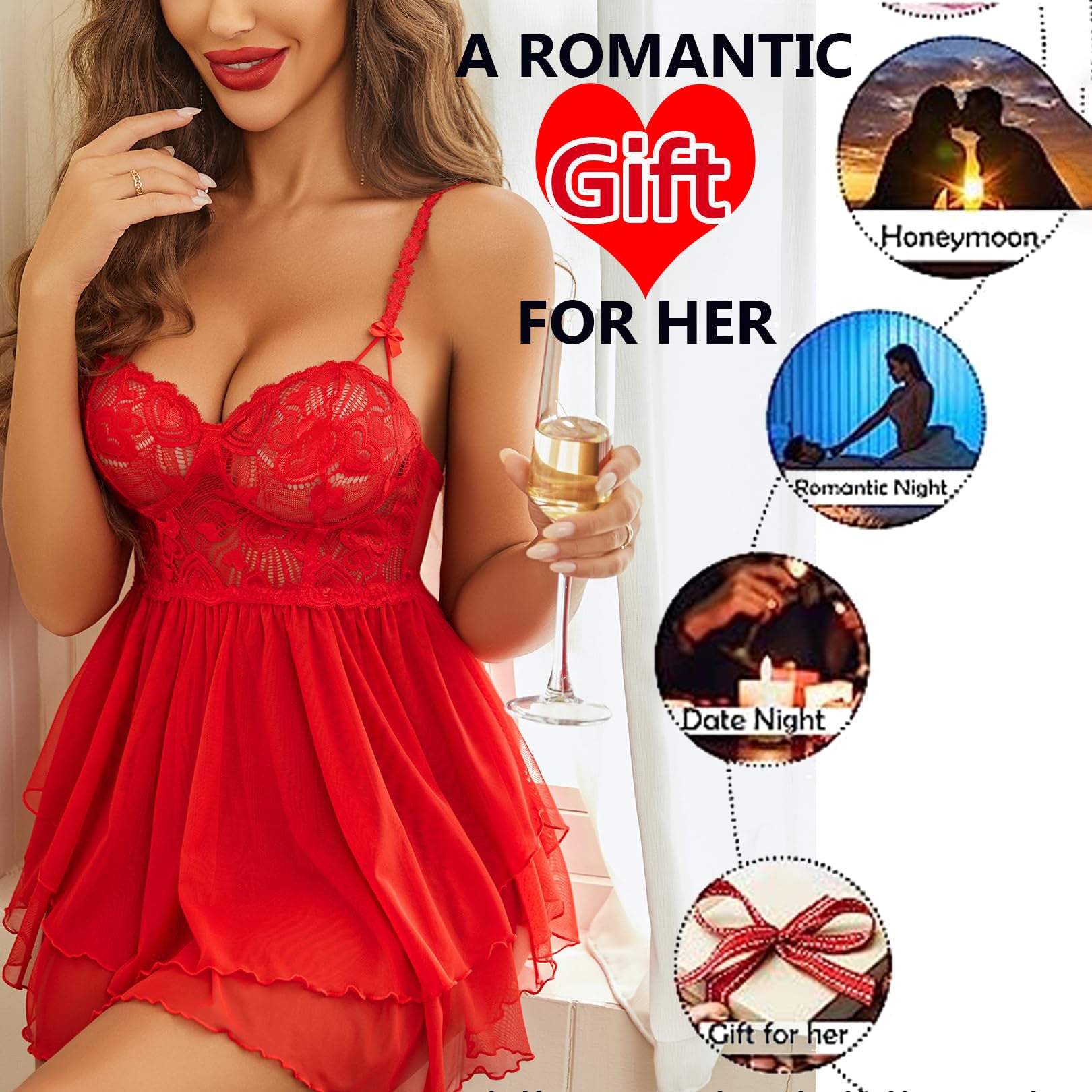 Plus Size Sexy Red Sheer Lace Mesh Cami Nightdress with Thong – Ultra-Thin Sleepwear