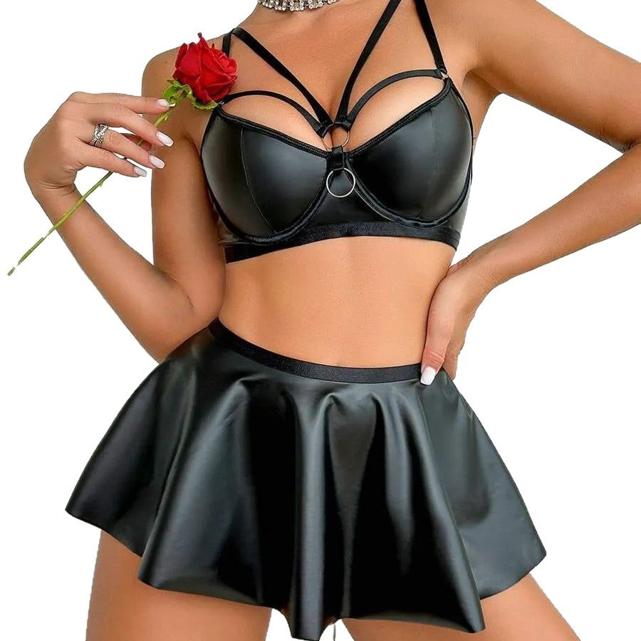 Sexy Black Vinyl 3-Piece Clubwear Lingerie Set – Fetish-Inspired Nightwear
