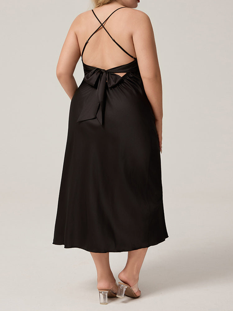Plus Size Lace Back Satin Robe Dress Set