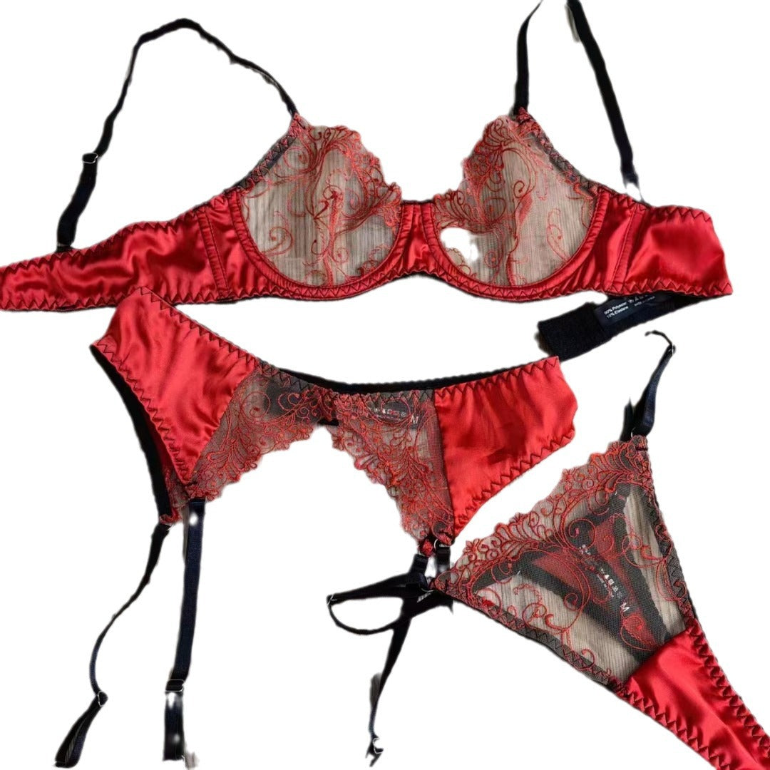 French Sexy Lace Bra Set with Garter – Ultra-Thin Sheer Design for Full Bust Support