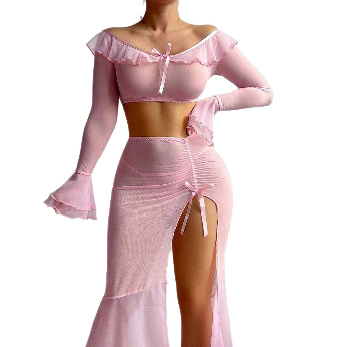 Sheer Mesh High-Slit Gown Lingerie Set – Sexy Costume-Inspired Nightwear