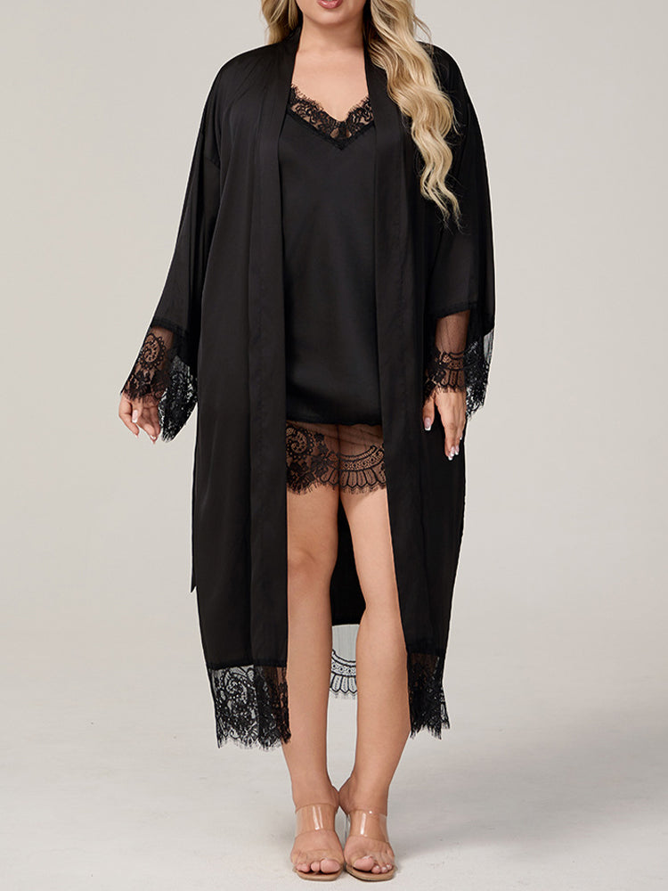 Plus Size Lace Trim Satin Robe Dress Set