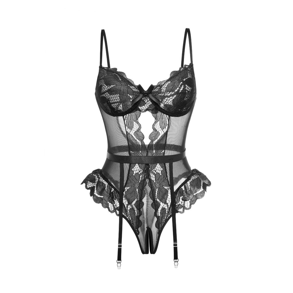 Sexy Lace Patchwork Bodysuit Set – Strappy Leg & Open-Back Design