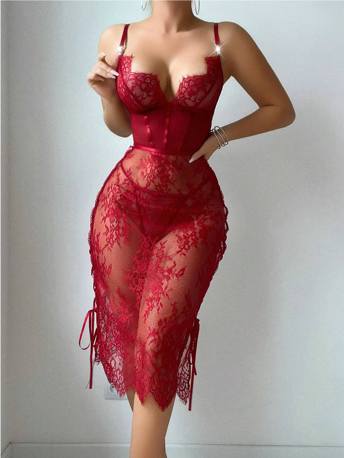 Red Lace Cut-Out Plunge Bodycon Lingerie Dress – Sexy & Seductive